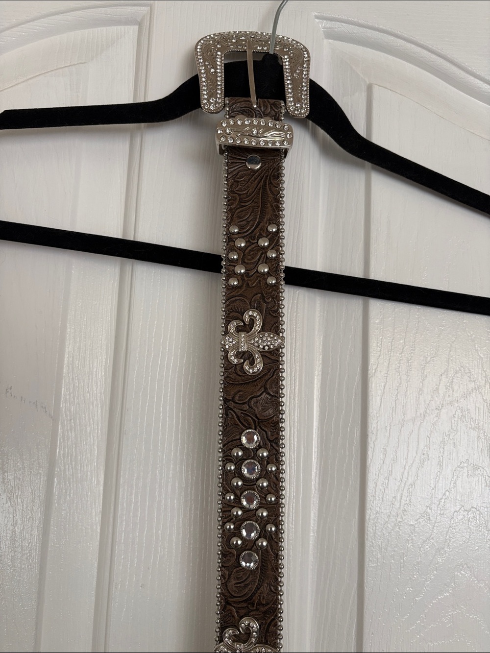 Brown Embellished Leather Western Belt with Silver Buckle
